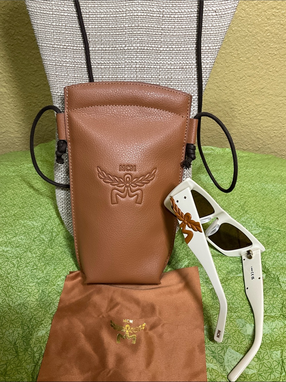 MCM Beige Cat-Eye Sunglasses with Tan Leather/Crossbody Pouch